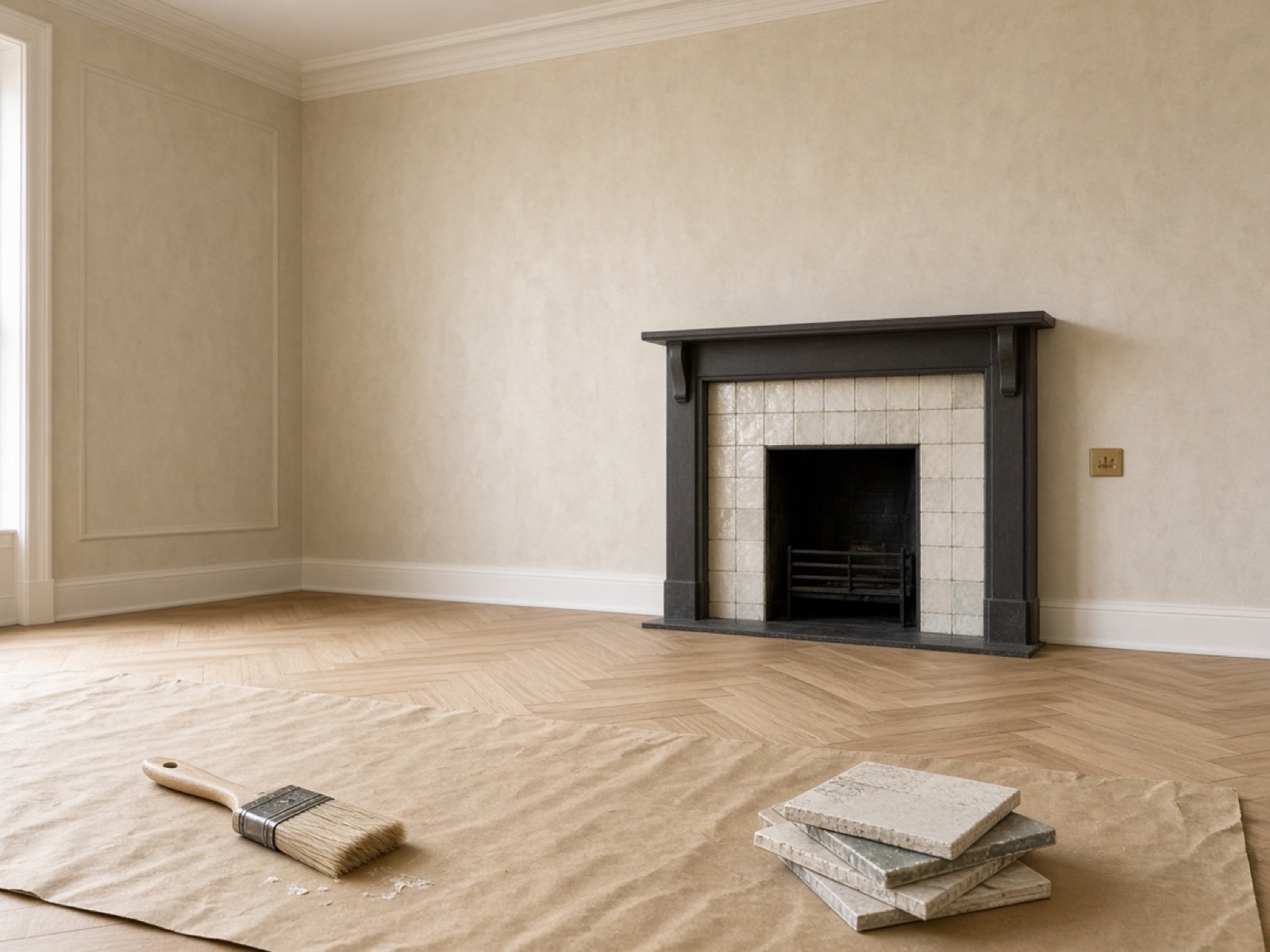 Freshly finished room with warm plaster walls, a herringbone oak floor and a tiled fireplace