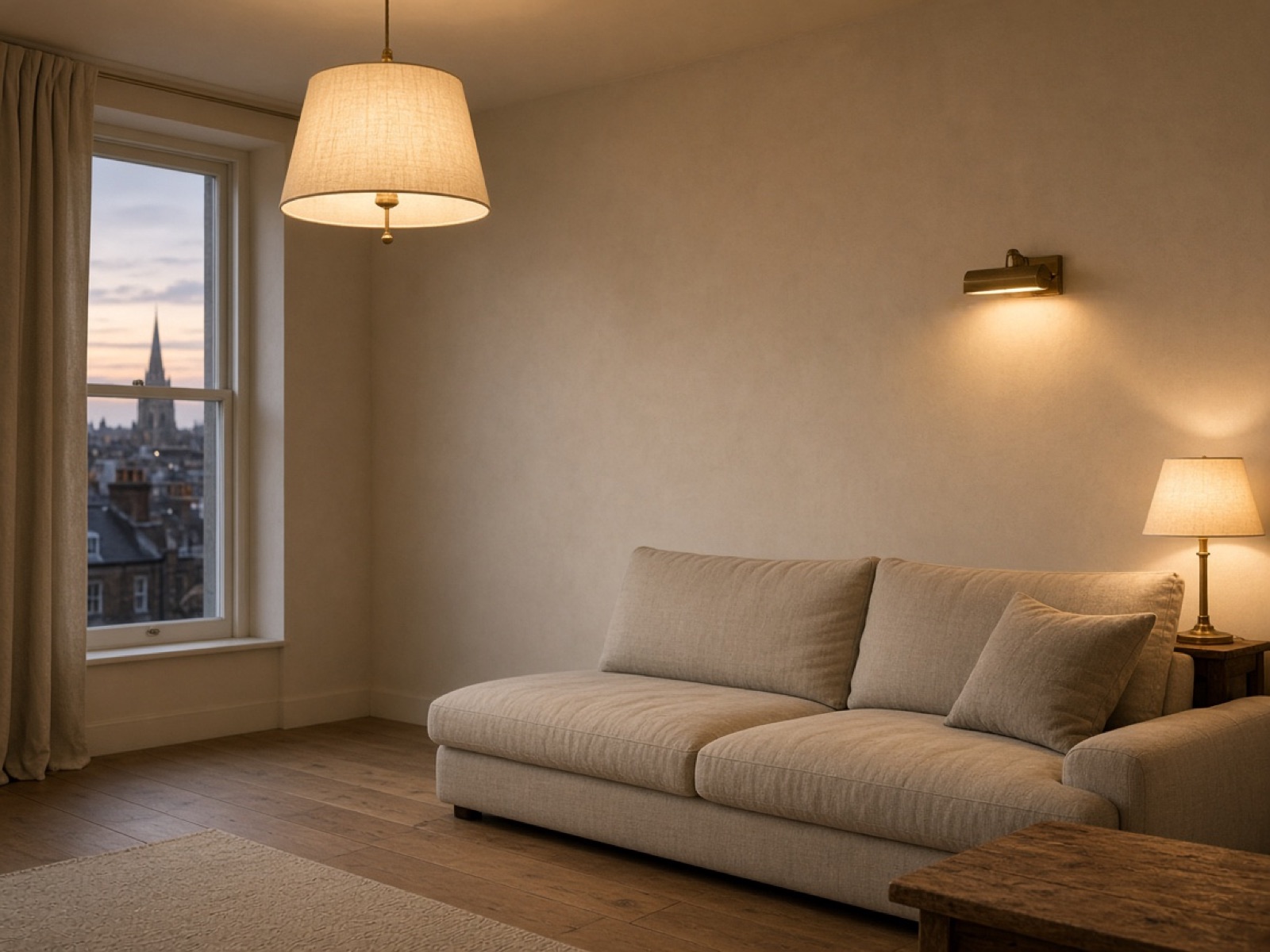 Living room at dusk with a linen pendant, a brass wall light and a table lamp