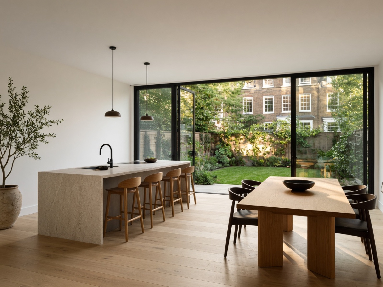Kitchen and dining room in a rear extension, with oak floors and black-framed doors to the garden