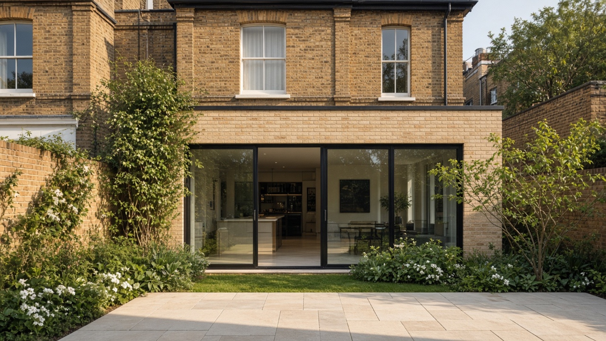 Rear of a London brick house with a single-storey glass extension opening onto a stone patio
