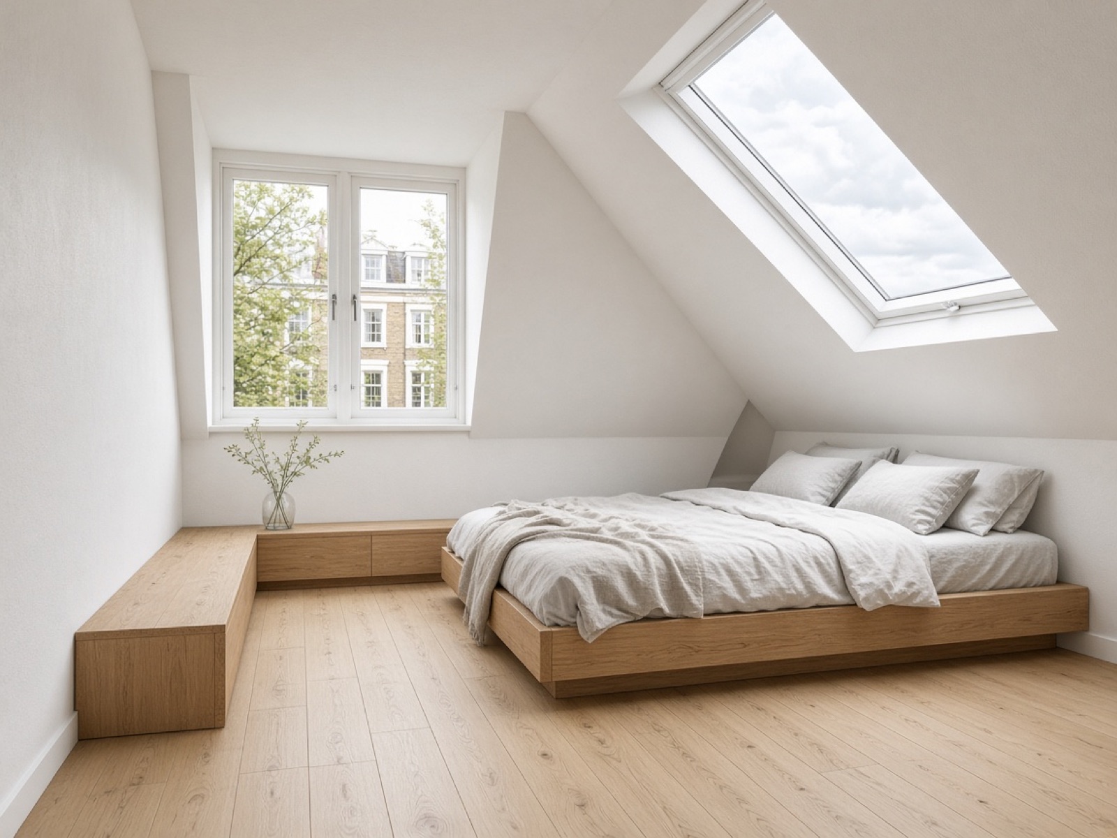 Loft bedroom with a dormer window, a skylight and pale oak flooring