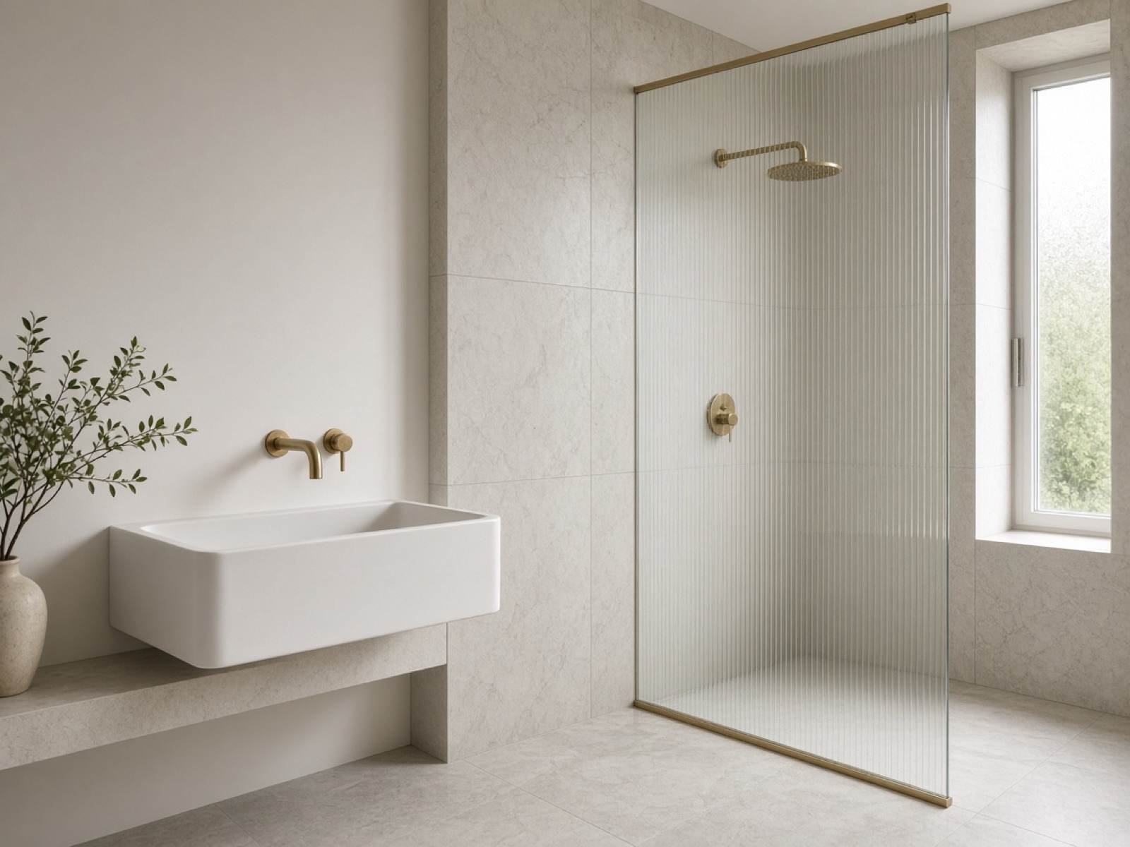 Stone-tiled bathroom with a wall-hung basin, a brass tap and a fluted-glass shower